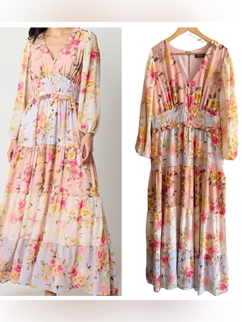 Melonie T Pastel Floral Tiered V Neck Maxi Dress Cottagecore Boho Garden 16P